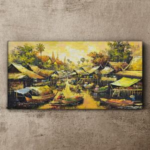 Obraz na plátně Obraz na plátně Lodě vesnice stromy obloha