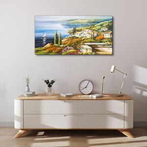 Obraz na plátně Obraz na plátně Pobřežní vesnice lodě květiny