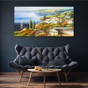 Obraz na plátně Obraz na plátně Pobřežní vesnice lodě květiny