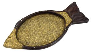 Dřevěný tác ryba z mangového dřeva zdobený mosazí, 62x29x4cm