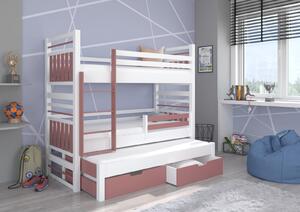 Patrová postel HIPPO 200x90 s trojpostelí bílá růžová