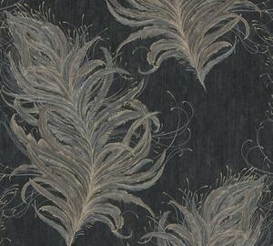 Vliesová tapeta na zeď Mata Hari 38009-4 | 0,53 x 10,05 m | černá, šedá, zlatá | A.S. Création