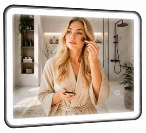 Erga Sari, LED zrcadlo v černém rámu s vyhříváním a dotykovým ovládáním, 80 × 60 cm, černá matná, ERG-YKA-MR.SARI-BLK-60X80