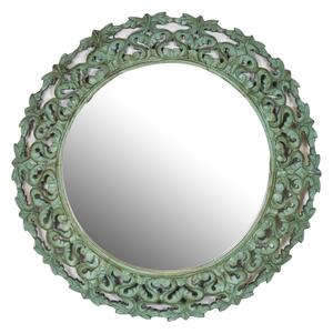 Kulaté zrcadlo v rámu z mangového dřeva, tyrkysová patina, 90x3x90cm