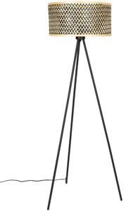 White Label Černá kovová stojací lampa WLL Isla 146 cm s bambusovým stínidlem