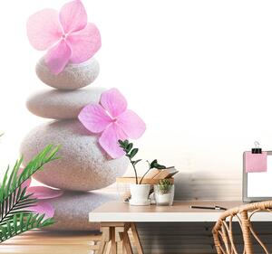 Samolepící fototapeta balanc kamenů a růžové květy