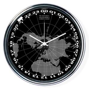 Černé hodiny s chodem 24h ukazující na mapě, kde je právě poledne (32 cm) | atelierDSGN