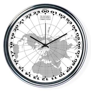 Bílé hodiny s chodem 24h ukazující na mapě, kde je právě poledne (32 cm) | atelierDSGN