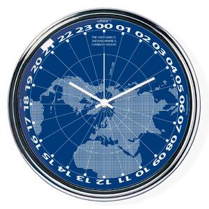 Modré hodiny s chodem 24h ukazující na mapě, kde je právě poledne (32 cm) | atelierDSGN
