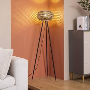 Stojací lampa Lindby Nerys, černá, bambus, Ø 31,5 cm, trojnožka