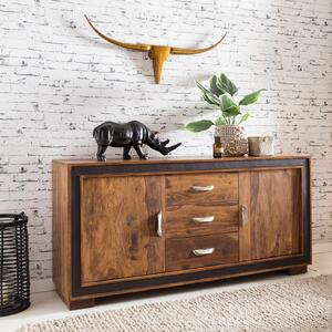 Komoda FineBuy z masivního deva sheesham, 160 cm, 2 dveře a 3 zásuvky – masivní retro komoda s koenými prvky – designová komoda v pírodním stylu – run vyrobená, industriální design