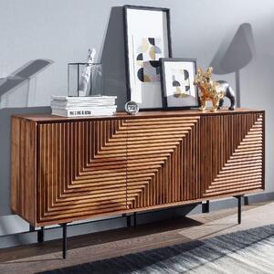 FineBuy Píborník z masivního deva sheesham 150 cm se 3 dvíky – Masivní retro komoda s ezbami – Designový pírodní píborník – Run vyrobený v industriálním stylu