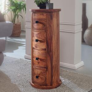 FineBuy Designová píborník 85 cm z masivního deva sheesham, Ø 35 cm, skíka se zásuvkami, úzká píborník, masivní mini komoda, kulatá