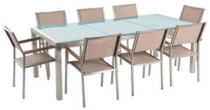 Sada zahradního nábytku stůl se skleněnou deskou 220 x 100 cm 8 béžových židlí GROSSETO