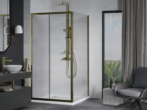 Mexen Apia sprchový kout s posuvnými dveřmi 100 (dveře) x 100 (stěna) cm, 5mm čiré sklo, zlatý profil + bílá sprchová vanička SLIM, 840-100-100-50-00-4010G