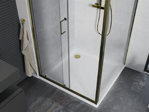 Mexen Apia sprchový kout s posuvnými dveřmi 90 (dveře) x 90 (stěna) cm, 5mm čiré sklo, zlatý profil + bílá sprchová vanička SLIM, 840-090-090-50-00-4010G