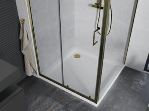Mexen Apia sprchový kout s posuvnými dveřmi 100 (dveře) x 100 (stěna) cm, 5mm čiré sklo, zlatý profil + bílá sprchová vanička SLIM, 840-100-100-50-00-4010G