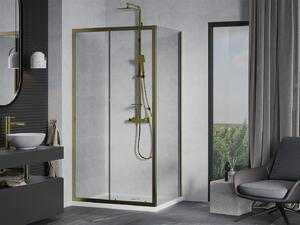 Mexen Apia sprchový kout s posuvnými dveřmi 90 (dveře) x 70 (stěna) cm, 5mm čiré sklo, zlatý profil + bílá sprchová vanička SLIM, 840-090-070-50-00-4010G
