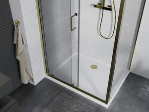 Mexen Apia sprchový kout s posuvnými dveřmi 90 (dveře) x 70 (stěna) cm, 5mm čiré sklo, zlatý profil + bílá sprchová vanička SLIM, 840-090-070-50-00-4010G
