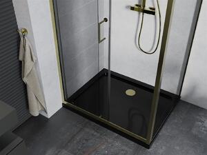 Mexen Apia sprchový kout s posuvnými dveřmi 90 (dveře) x 70 (stěna) cm, 5mm čiré sklo, zlatý profil + černá sprchová vanička SLIM, 840-090-070-50-00-4070G
