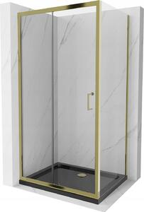 Mexen Apia sprchový kout s posuvnými dveřmi 130 (dveře) x 70 (stěna) cm, 5mm čiré sklo, zlatý profil + černá sprchová vanička SLIM, 840-130-070-50-00-4070G