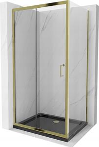 Mexen Apia sprchový kout s posuvnými dveřmi 90 (dveře) x 70 (stěna) cm, 5mm čiré sklo, zlatý profil + černá sprchová vanička SLIM, 840-090-070-50-00-4070G