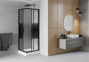 Mexen Rio, čtvercový sprchový kout s posuvnými dveřmi 70 (dveře) x 70 (dveře) x 190 cm, 5mm čiré sklo s pásky, černý profil + bílá sprchová vanička RIO, 860-070-070-70-20-4510
