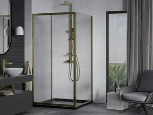 Mexen Apia sprchový kout s posuvnými dveřmi 100 (dveře) x 100 (stěna) cm, 5mm čiré sklo, zlatý profil + černá sprchová vanička SLIM, 840-100-100-50-00-4070G