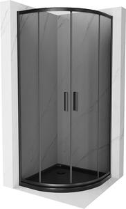 Mexen Rio, čtvrtkruhový sprchový kout s posuvnými dveřmi 90 (dveře) x 90 (dveře) x 190 cm, 5mm šedé sklo, černý profil + černá sprchová vanička Slim, 863-090-090-70-40-4170B