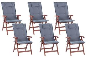 Sada 6 dřevěných zahradních židlí s modrými polštáři TOSCANA