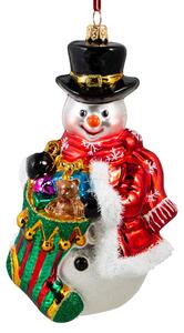 Dům Vánoc Sběratelská skleněná ozdoba na stromeček Sněhulák s ponožkou 17 cm