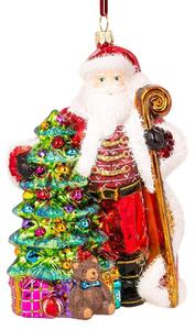 Dům Vánoc Sběratelská skleněná ozdoba na stromeček Santa objímající vánoční stromek 18 cm