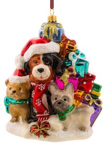 Dům Vánoc Sběratelská skleněná ozdoba na stromeček Psi a hromada dárků 14 cm