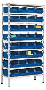 AJ Produkty Regál s plastovými boxy Power + AJ 9000, 32 modrých boxů, 1970x1000x400 mm
