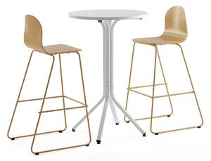 AJ Produkty Sestava VARIOUS + GANDER, stůl Ø700x1050 mm, bílá + 2 barové židle, hořčicová