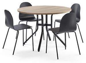 AJ Produkty Sestava VARIOUS + GANDER, stůl Ø1100x740 mm, dub + 4 černé židle