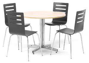 AJ Produkty Jídelní sestava SANNA + FLORENCE, stůl Ø900 mm, bříza + 4 židle, černá/chrom