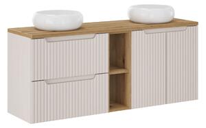 Comad Závěsná skříňka Nova Cashmere s deskou a umyvadly 140 cm kašmírová/dub evoke