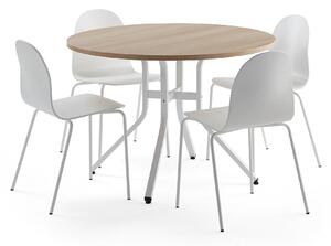 AJ Produkty Sestava VARIOUS + GANDER, stůl Ø1100x740 mm, dub + 4 bílé židle