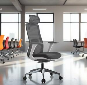 Kancelářská ergonomická židle WISDOM s podhlavníkem — síť, šedý plast, nosnost 150 kg, tmavě šedá