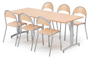 AJ Produkty Jídelní sestava SANNA + TAMPA, stůl 1800x800 mm, buk + 6 židlí, buk/hliníkově šedá