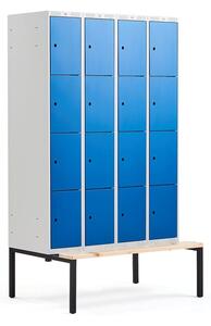 AJ Produkty Boxová šatní skříň CLASSIC, s lavicí, 4 sekce, 16 boxů, 2120x1200x550 mm, modré dveře