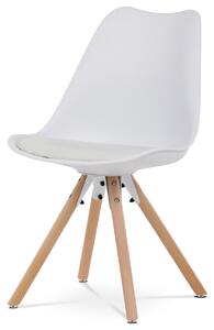 Jídelní židle, bílá plastová skořepina, sedák ekokůže, nohy masiv přírodní buk
