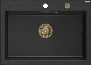Mexen Elix, 1korový granitový dřez 700 x 500 mm, černá/stříbrná metalíza, zlatý sifon, 6526701005-73-G