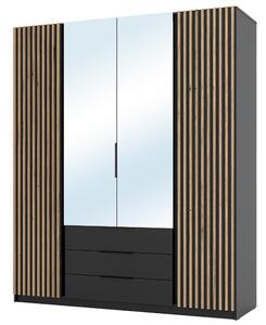 Šatní skříň KAJA 2LAM 2LU 3S | 200 cm | se zrcadly | VYSOKÁ | černá + lamely