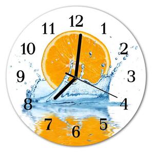 Nástěnné hodiny obrazové na skle - Pomeranč ve vodě