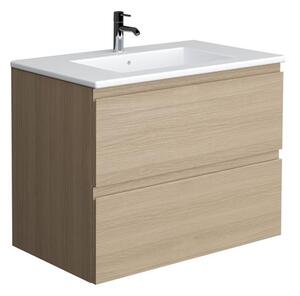 JOY Skříňka závěsná 80 cm pod umyvadlo, 2 zásuvky full výsuv se soft-close, Techwood, scandinavian oak
