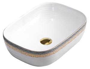 BPS-koupelny Keramické umyvadlo na desku HYD-MO-WH-MOD1-455 45,5x32,5 cm, bílé/zlato-stříbrný dekor