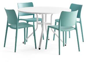 AJ Produkty Sestava Various + Rio, 1 stůl a 4 tyrkysové židle