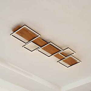 Lindby LED stropní svítidlo Galad, černé, dřevo, 5 světel, 140 cm, stmívatelný, Světlé dřevo, Obývací pokoj / jídelna, Dřevo, Moderní, Stropní svítidlo
